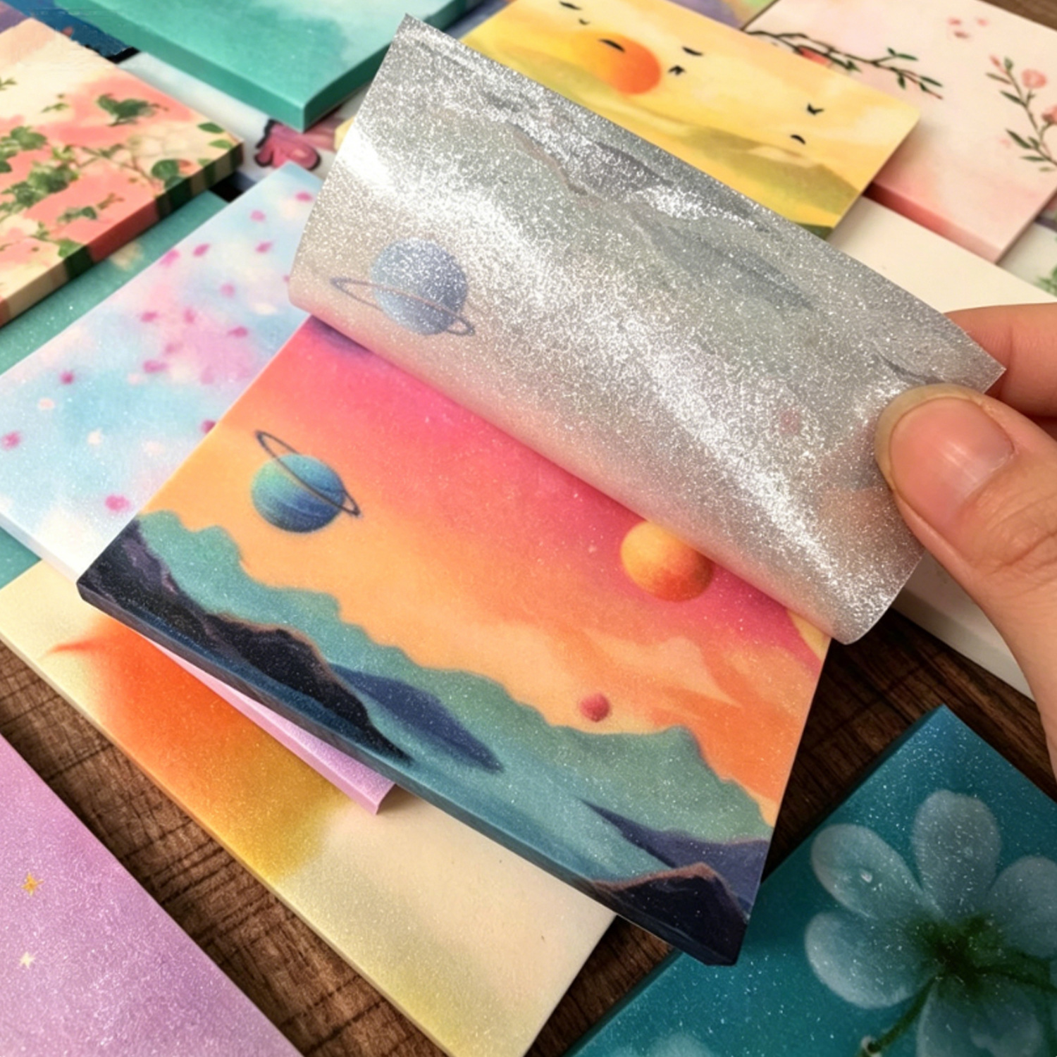 Fine Glitter Pearlescent Sticky Notes, Gradient Landscape and Starry Sky Design, Ins-Style Message Memo Sticky Notes, Journal Stickers Pet