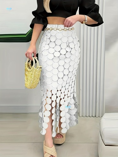 Women's Elegant White Circle Pattern Knit Tassel Bodycon