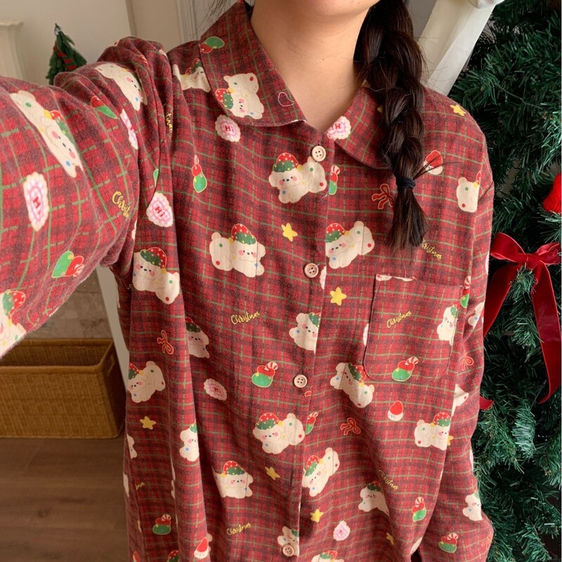 Red plaid Christmas dog~ New arrival! All-cotton brushed fabric, small collar, long-sleeved long-pants pajamas, cute girl's home wear