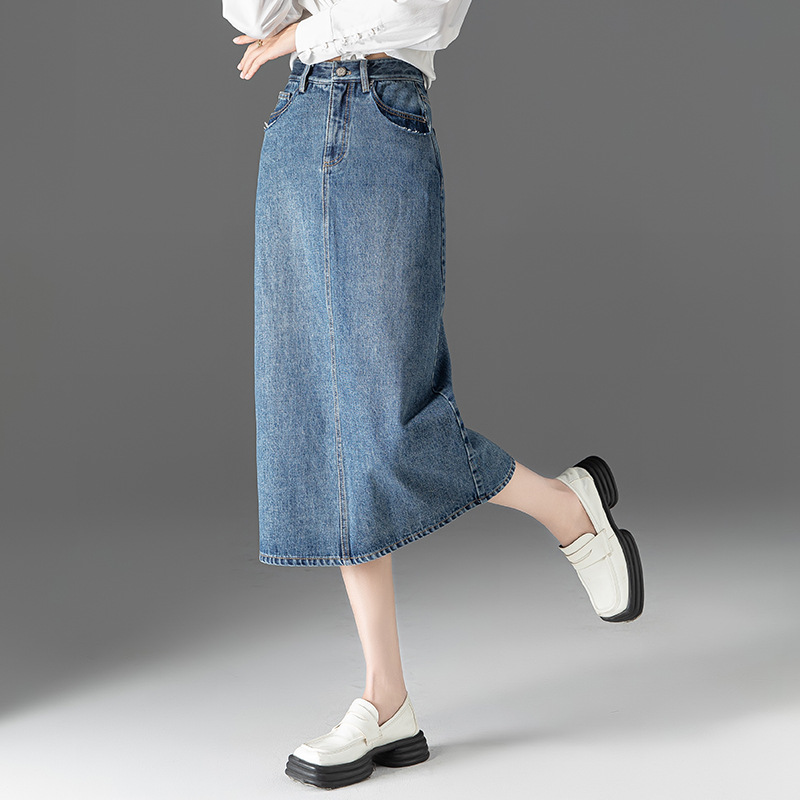 Chân váy denim lưng cao nữ dáng A xẻ tà — Màu xanh lam nhạt