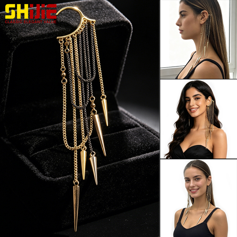 Vintage distressed tapered rivet pendant ear cuff earring with long tassels, non-pierced ear bone clip earring accessory
