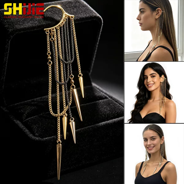 Vintage distressed tapered rivet pendant ear cuff earring with long tassels, non-pierced ear bone clip earring accessory