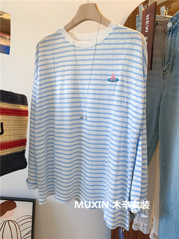 特大サイズ 120kg 刺繍惑星カラーブロック薄い刺繍カラー日焼け止め T ストライプ長袖ルーズ夏のファッション|undefined