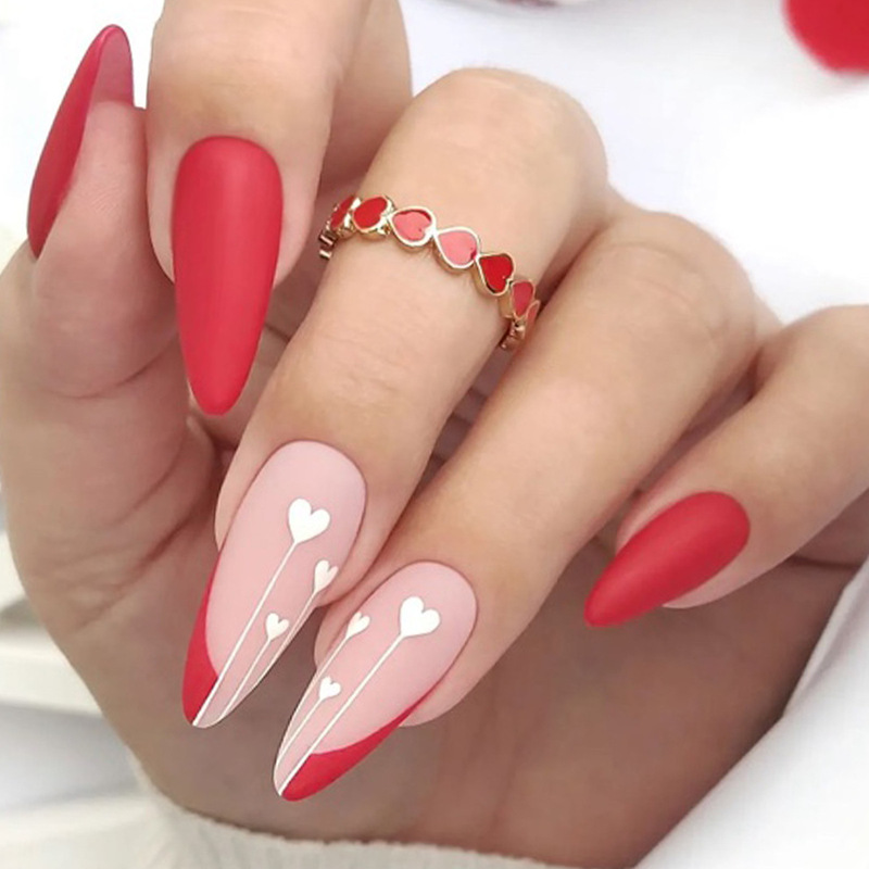 Valentine's Day Red Frosted Almond-Shaped Dressing Nail with Irregular French Edge Loving Heart Removable Fake Nail Valentine's Day Red Frosted Almond-Shaped Dressing Nail with Irregular French Edge Loving Heart Removable Fake Nail