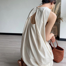 2024年韩系夏季法式设计宽松露背无袖背心连衣裙棉麻休闲减龄长裙