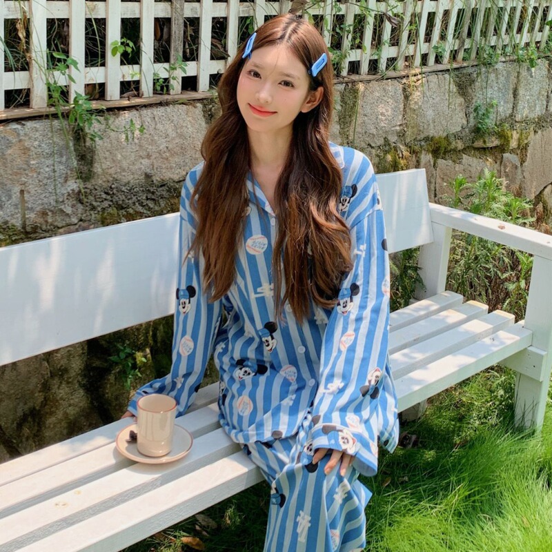 Spring and Autumn New Pure Cotton Pajamas Women's American Style Retro Baseball Mickey Color Striped Cartoon Casual Lapel Home Clothes