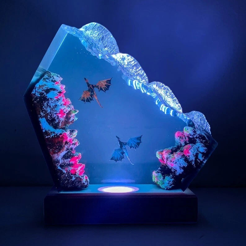 Amor transfronterizo resina epoxi artesanía de madera dragón de fuego y dragón de hielo lámpara de resina para regalos de vacaciones para la familia