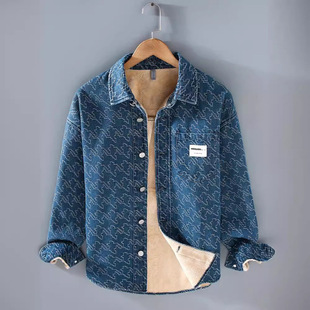 G152 Korean Style Fashionable Casual Denim Woven Flower fleece-lined Thickened Long Sleeve Shirt Men's Youth Jacket All-match