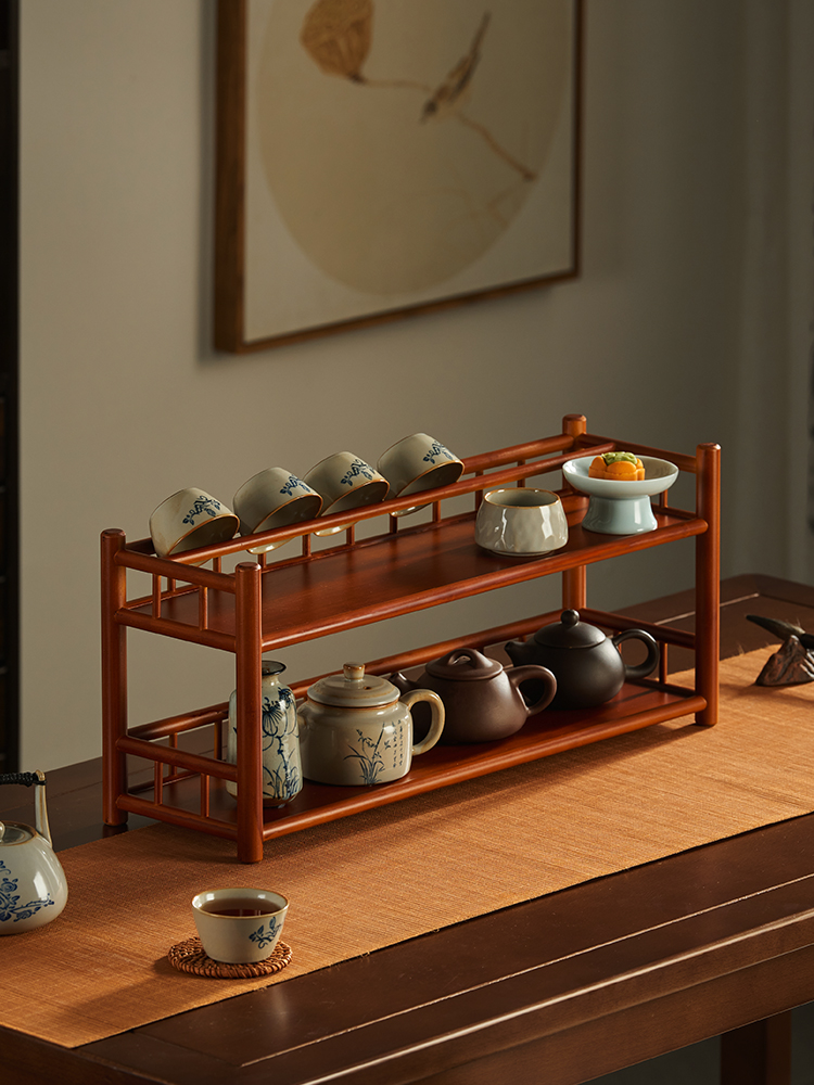 ✅桌面博古架小型茶杯架子茶具收纳架紫砂壶置物架新中式装饰品摆