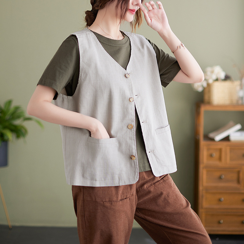 9280 # High-Definition Cotton and Linen Literary Retro Vest # Simple and Stylish Early Summer Workwear Single Layer Vest for Women Solid Color
