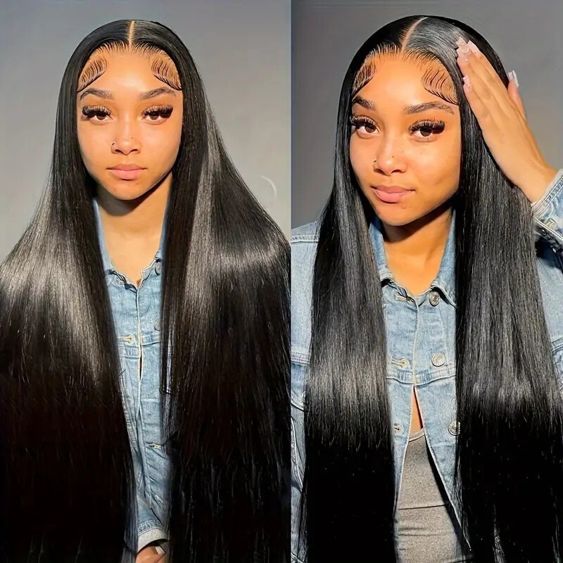 Cross-Border Aliexpress Front Lace Wig, Women's Black Long Straight Hair with Middle Parting, Fluffy Natural Synthetic Fiber Full Wig Cross-Border Aliexpress Front Lace Wig, Women's Black Long Straight Hair with Middle Parting, Fluffy Natural Synthetic Fiber Full Wig