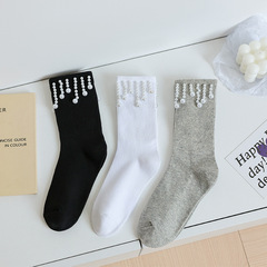 個性流蘇釘珠襪子女春秋百搭甜美中筒襪ins韓版少女風可愛珍珠襪