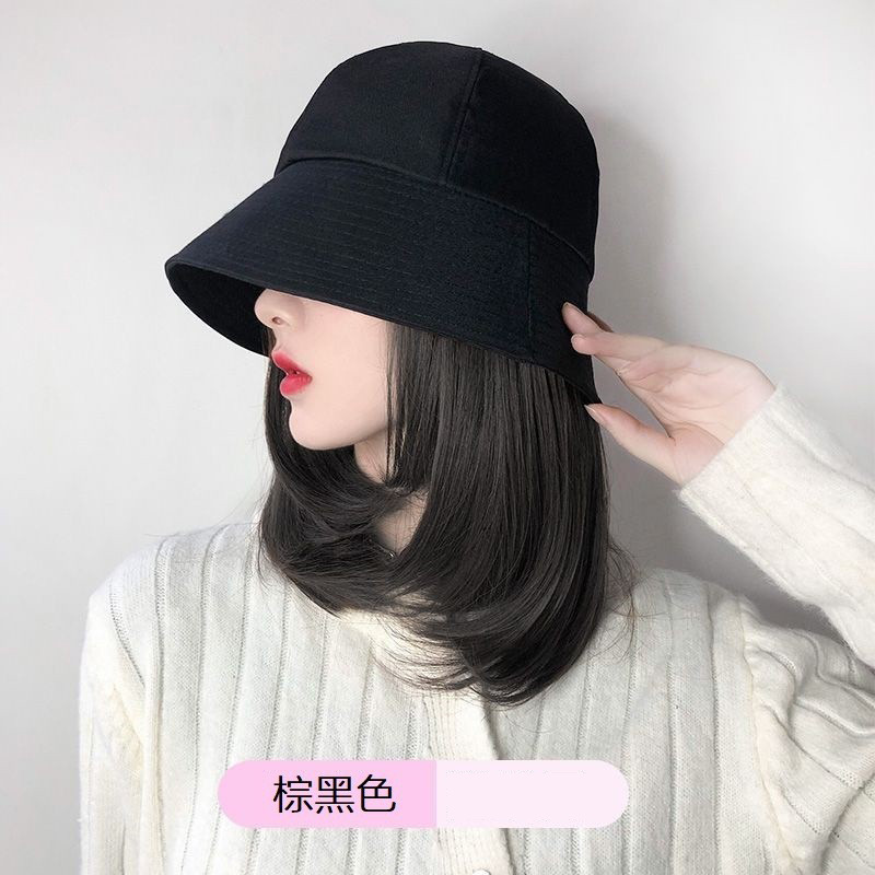 Sombrero de peluca japonés integrado primavera femenina y verano Internet celebridad cubo sombrero de pescador pelo de longitud media hebilla interior cubierta de la cabeza llena clavícula pelo liso
