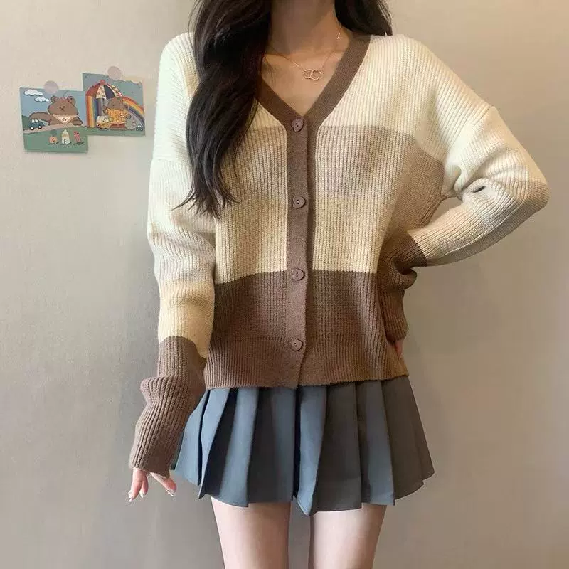 Hongtai весенний новый дизайн, корейский стиль, v-образный вырез, контрастный полосатый трикотаж, кардиган, трикотаж, женская куртка, модная