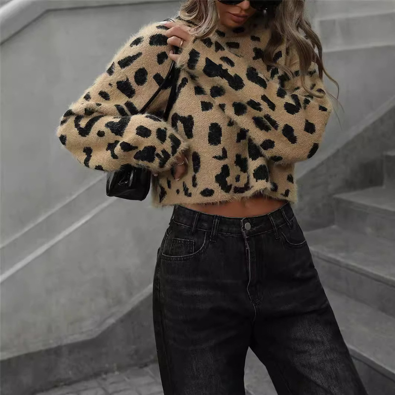 Cross-border European and American Women's Clothing Amazon 2024 Autumn and Winter New Leopard Print Top Knitted Simple All-match Pullover Sweater Cross-border European and American Women's Clothing Amazon 2024 Autumn and Winter New Leopard Print Top Knitted Simple All-match Pullover Sweater