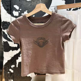 BM风 美式复古夏季新款深棕牛圆领bm同款高腰棉修身短袖T恤女上衣