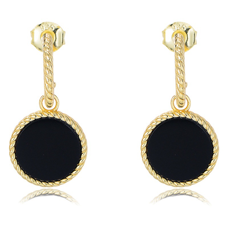 Europeo y americano ins retro pendientes de alto grado nicho diseño redondo negro ágata pendientes de plata temperamento al por mayor