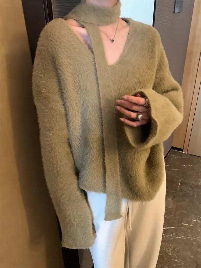 Sciarpa con scollo a V in stile coreano con pullover in pelliccia di visone, morbida maglia appiccicosa per l'autunno e l'inverno delle donne_voghion.com