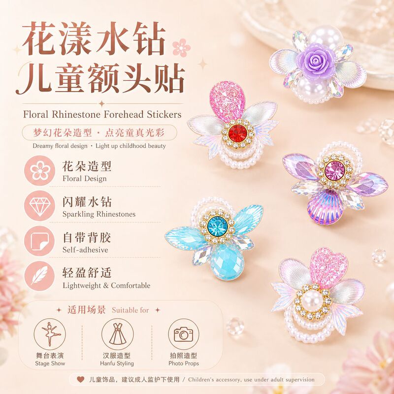 Children's Flower-Shaped Colored Diamond Forehead Stickers, Ancient-Style Sequin Forehead Decoration, a Finishing Touch for Stage Performances and Hanfu Costumes Children's Flower-Shaped Colored Diamond Forehead Stickers, Ancient-Style Sequin Forehead Decoration, a Finishing Touch for Stage Performances and Hanfu Costumes