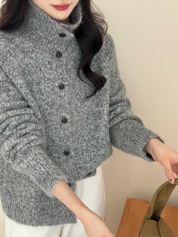 慵懒复古杂色花线高领纽扣毛衣外套女宽松秋冬软糯针织开衫厚上衣|undefined