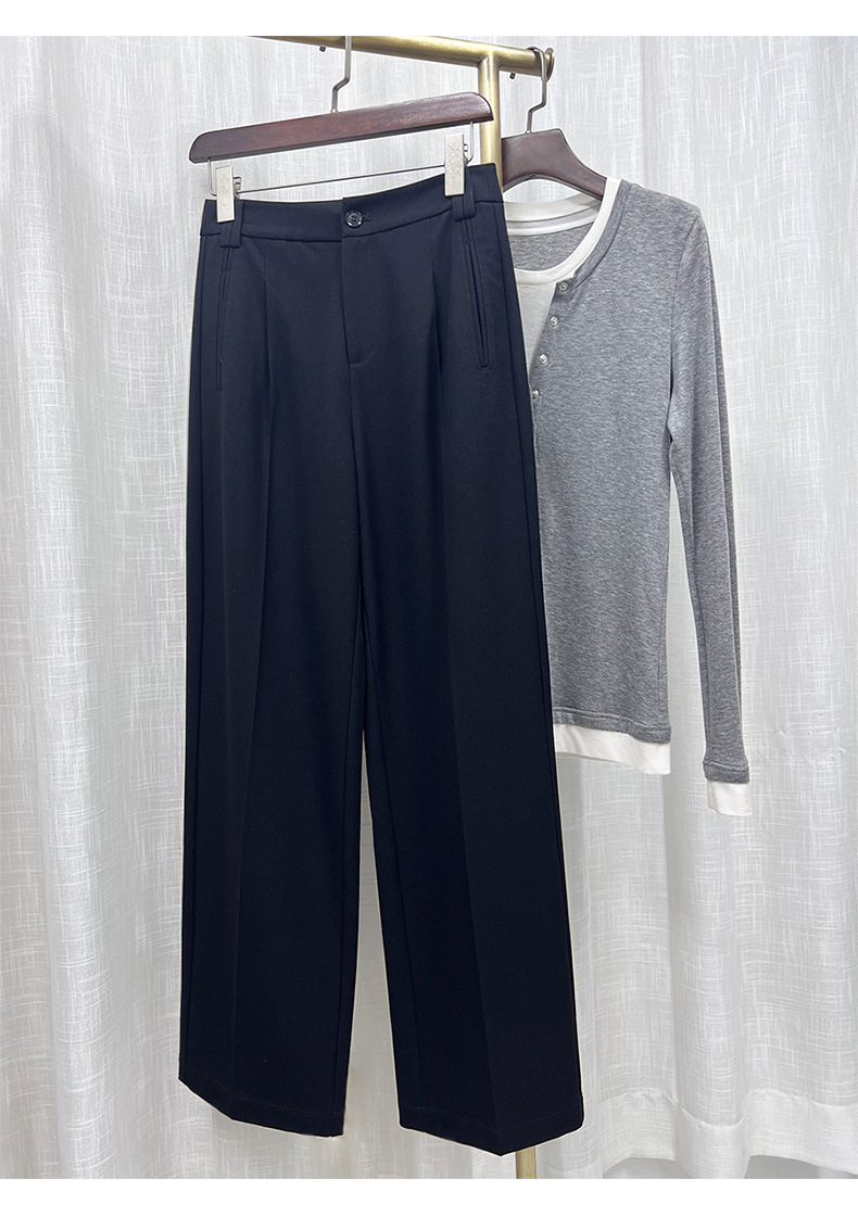 Quần tây nữ ống rộng cạp cao dáng suông chất len Tencel — đen chi tiết 2