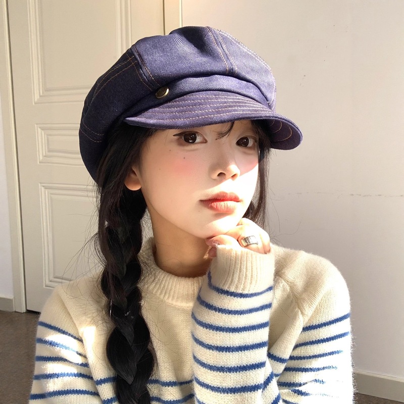 牛仔贝雷帽女春秋季韩版百搭显脸小八角帽大头围文艺百搭画家帽子|undefined