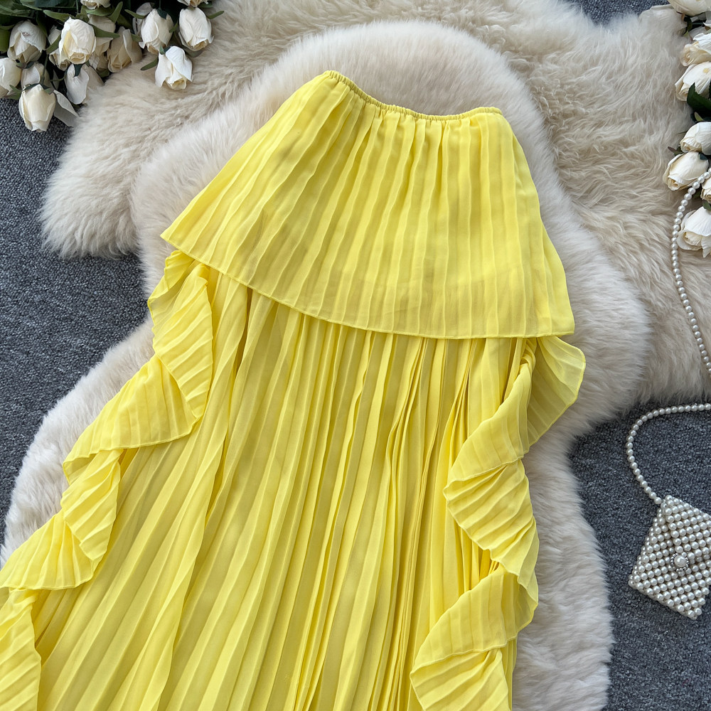 Yellow Strapless Sleeveless Long Dress Ruffled Halter Neck Design Loose Fit French Style Summery Feel Women's Clothing_ecoleips.com