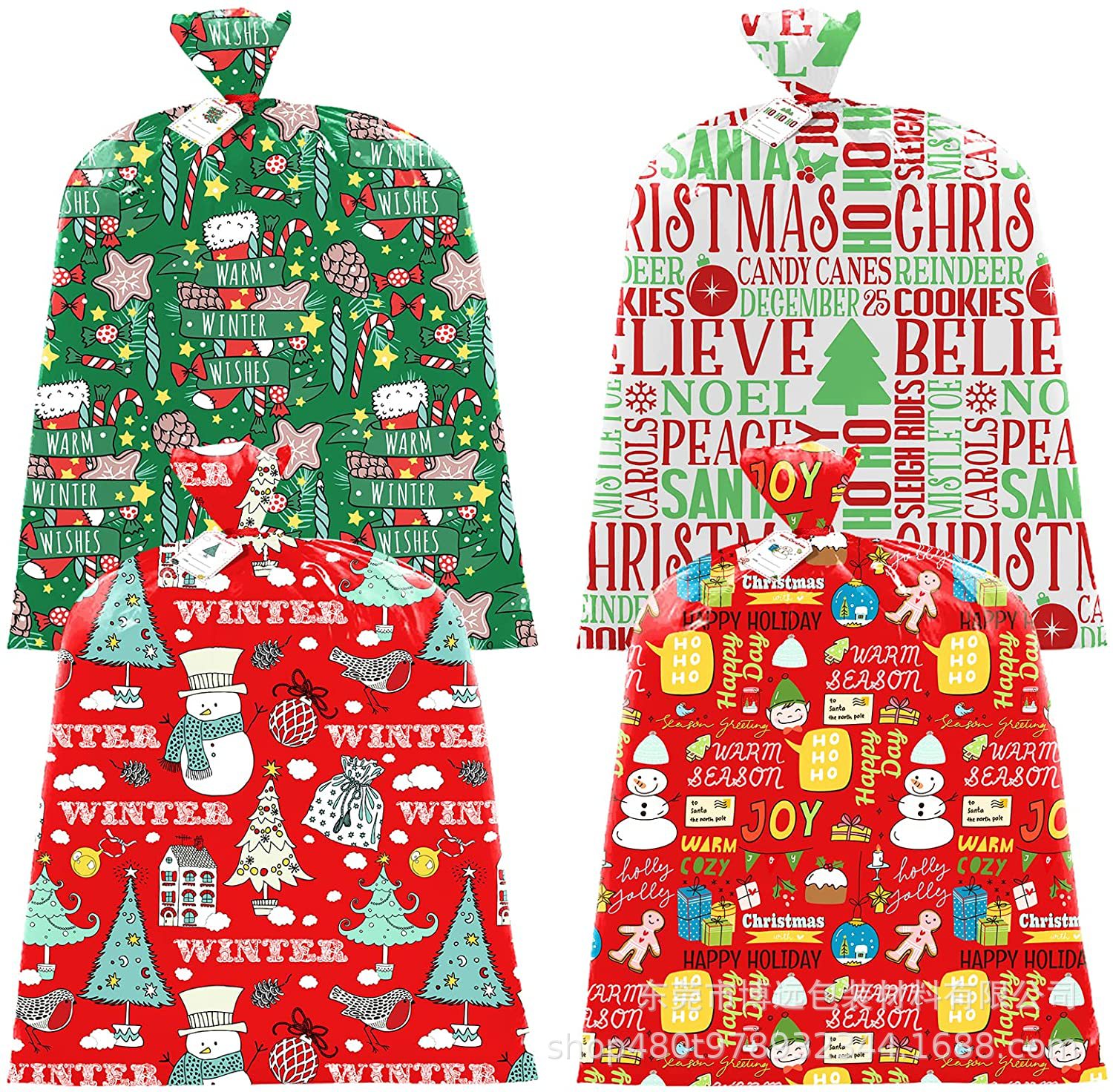 2022新款厂销多尺寸图案PE塑料加厚不透光DIY圣诞礼物袋配吊牌绳