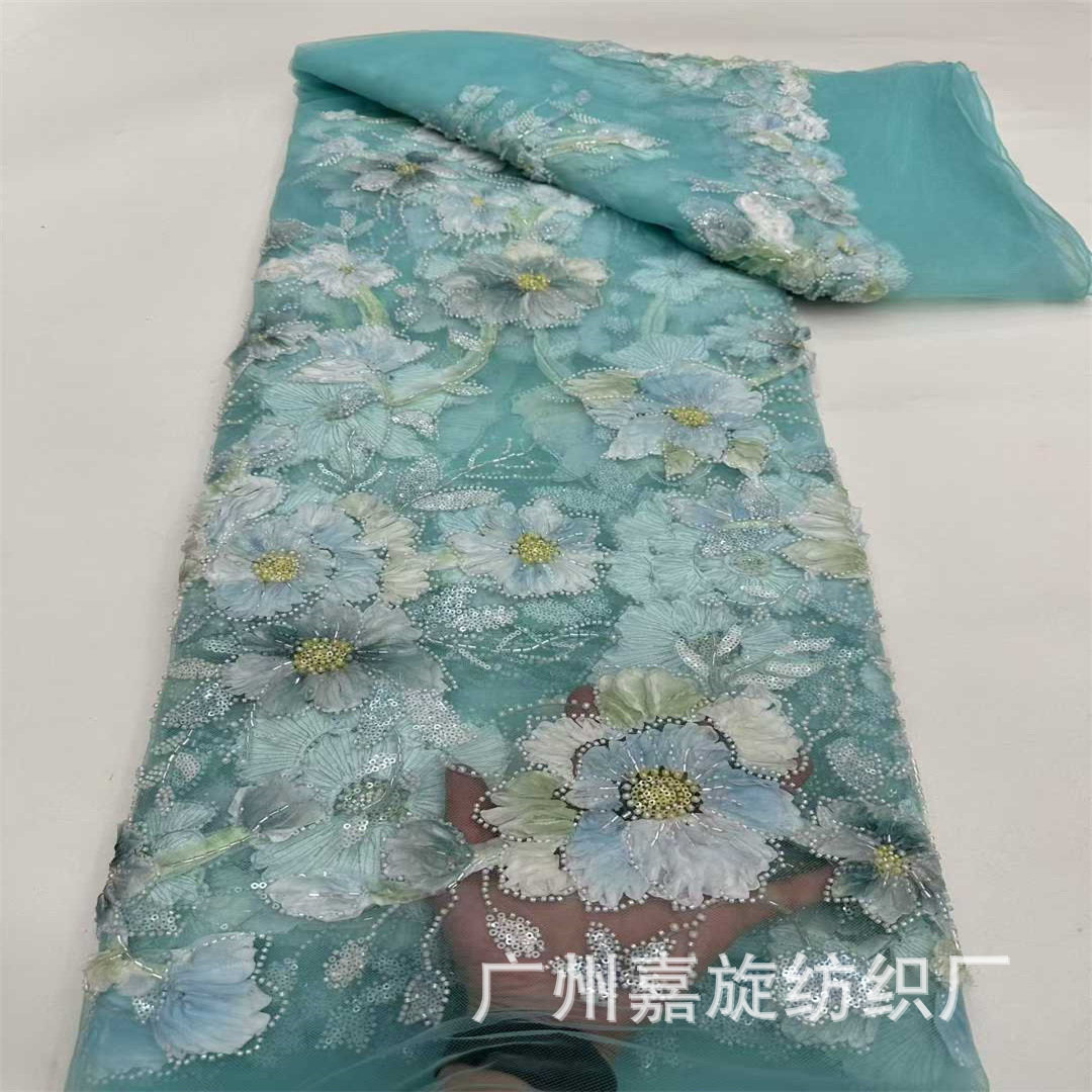 Comercio exterior impresión láser decal tridimensional tela de malla tubo de perlas sequin bordado vestido vestido de mujer tela bordada