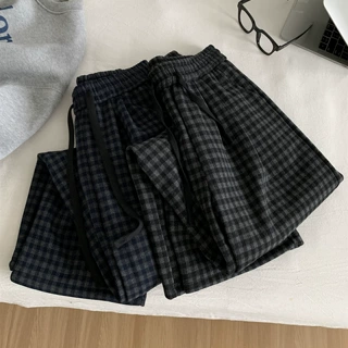 跨境爆款大码240斤薄款复古格子裤女装韩版直筒格子裤休闲裤百搭
