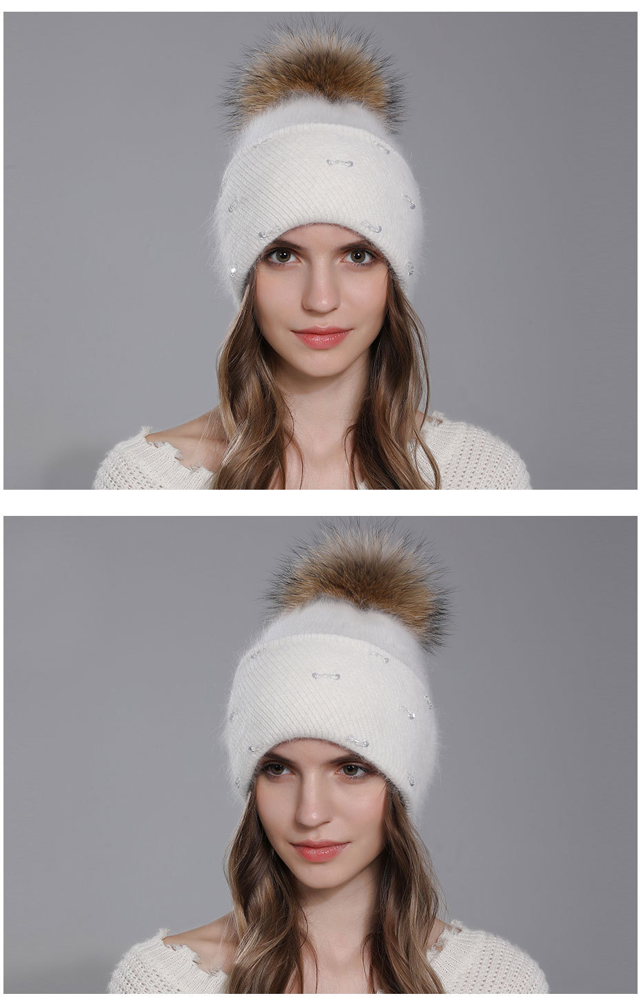 Cappello invernale con pelliccia di procione coniglio lavorato a maglia da donna in lana versatile con doppia piega capovolta_voghion.com