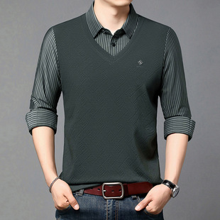 Fake Two-piece T-shirt Knitted Shirt Long-sleeved Shirt Collar T-shirt Men's 2024 Winter Middle-aged Comfortable All-match Men's POLO Shirt
