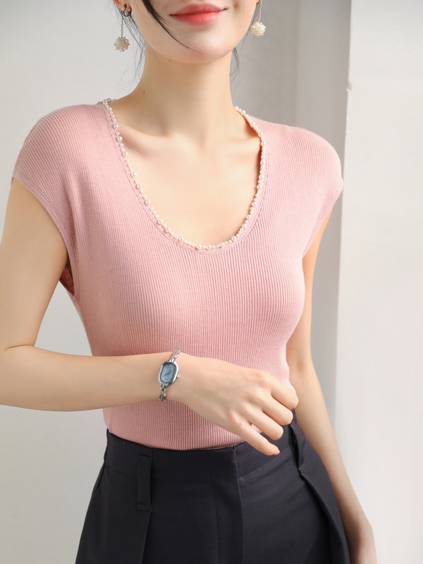 ファッショナブルなUネックミレットビーズショルダースリムフィットテンセルシルクセーター女性用夏プルオーバーボトムストップアウターオフホワイト|undefined