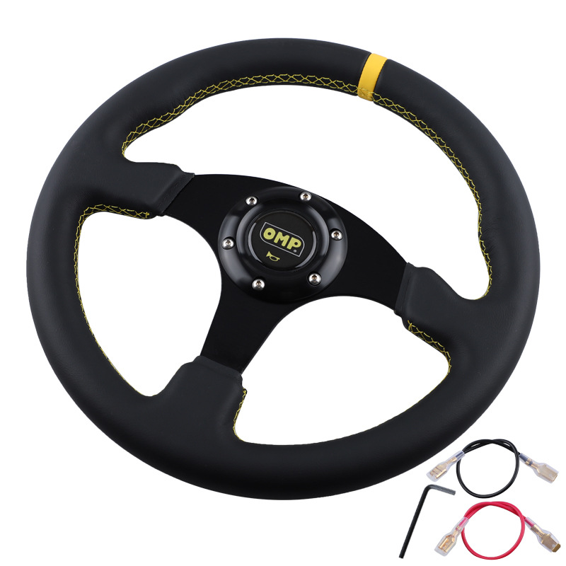 Cross-Border Best-Selling Omp Car Modified Racing Steering Wheel, Universal 13inch Genuine Leather Personalized Racing Steering Wheel