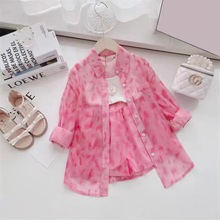 儿童防晒衣短裤两件套夏季女童透气中小童冰丝薄款长袖衬衣外套潮