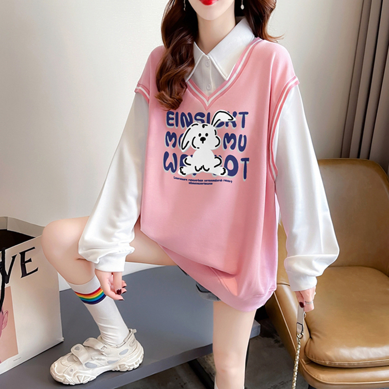 長袖Tシャツ 女の子用 2025年春夏新作 中学生・高校生 カレッジ風 フェイクツーピース 薄手ポロスウェットシャツ|undefined
