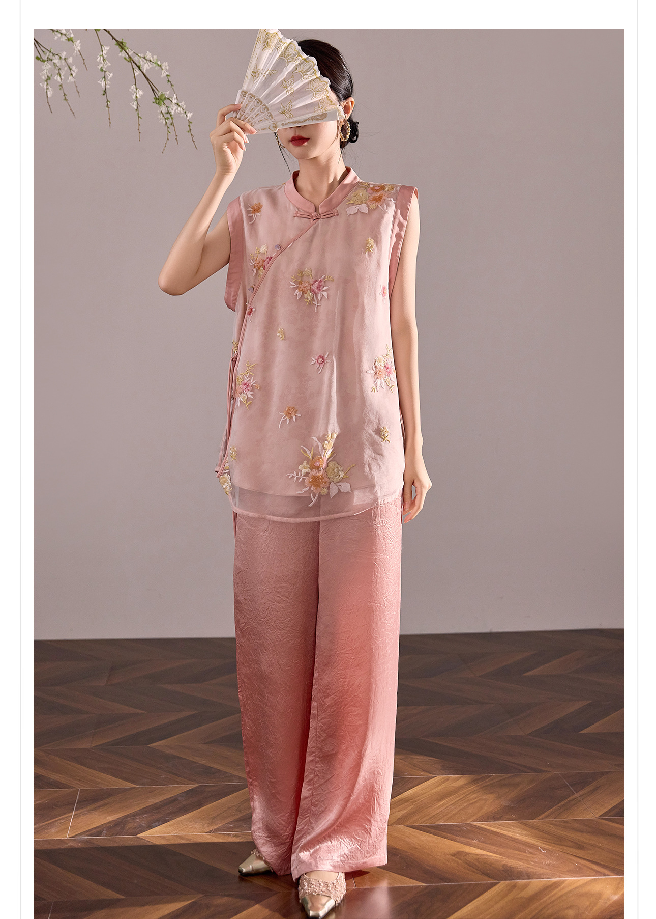 Áo vest lụa tằm thêu hoa phong cách Trung Quốc mới, thiết kế mỏng mùa hè M4007B — màu hồng chi tiết 13