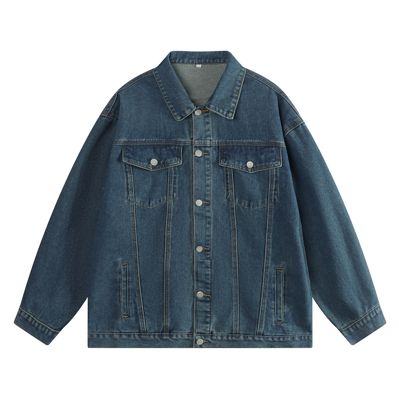 Men's Clothing Hong Kong style retro washed distressed denim jacket men's trendy basic style casual blue couple jacket_voghion.com