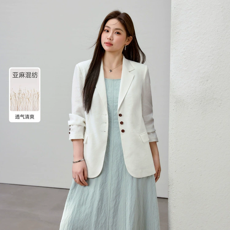 [Простой интеллектуальный элегантный дикий льняный пиджак] Полосатый большой размер женский толстый mm2025 весенний новый
