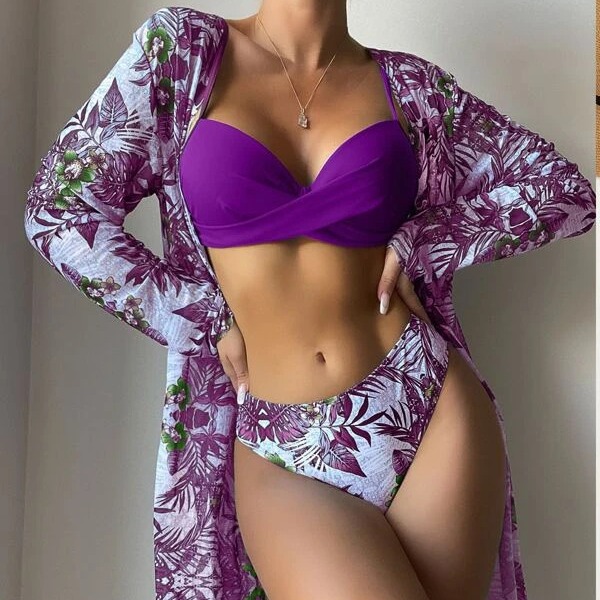 Mingyi nueva moda europea y americana sexy multi-color impreso malla blusa mujer split BIKINI conjunto de tres piezas
