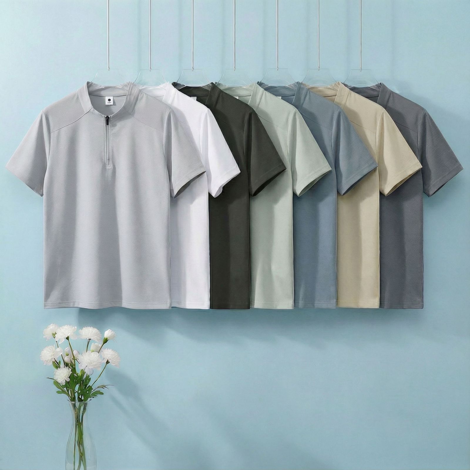 Quick-Dry Moisture-Wicking Stand-Collar Zip-Up Shirt with Breathable Short-Sleeve T-Shirt, Round-Neck Trendy Half-Zip Loose T-Shirt