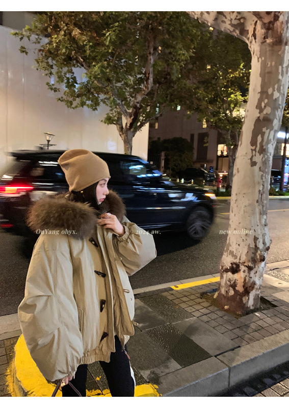 牛角扣大毛领连帽棉服外套女冬季韩系小个子加厚工装派克服|undefined