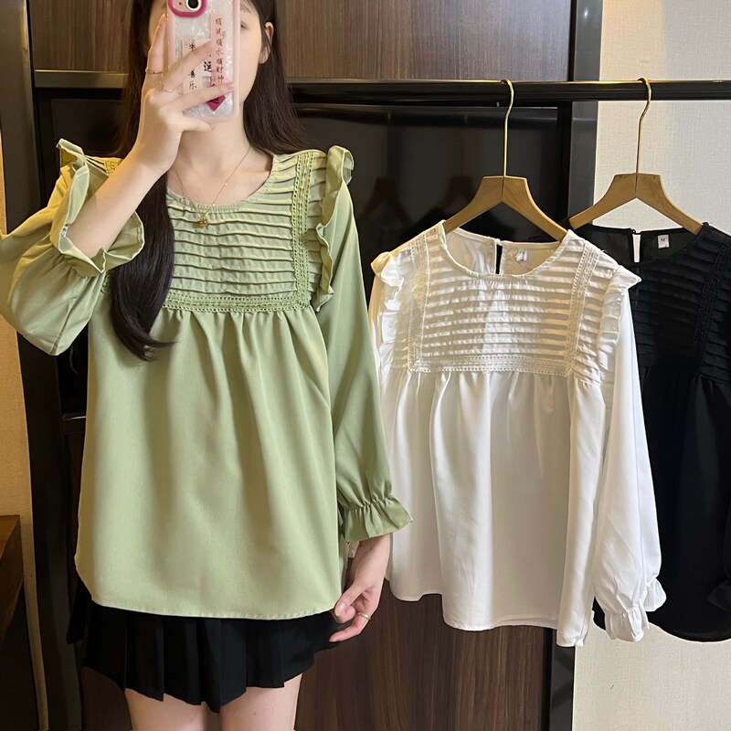 Shirt Spring and Autumn Loose Korean Style Ruffled Babydoll Shirt Maternity Top Solid Color Versatile Round Neck Pleated Women's Shirt