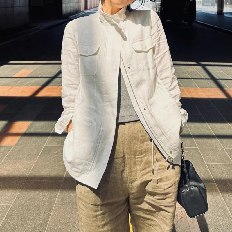 In-Stock Lp Same Style 25 Early Autumn Old Money Style Stand Collar Sleeveless Mid-Length Linen Jacket Relaxed Vest