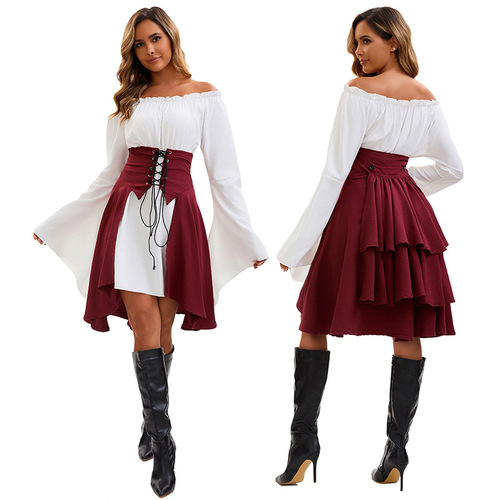 Halloween European and Medieval Renaissance Long Sleeve Bodice Corset Top Pirate Shirt Women Stage Performance Costume