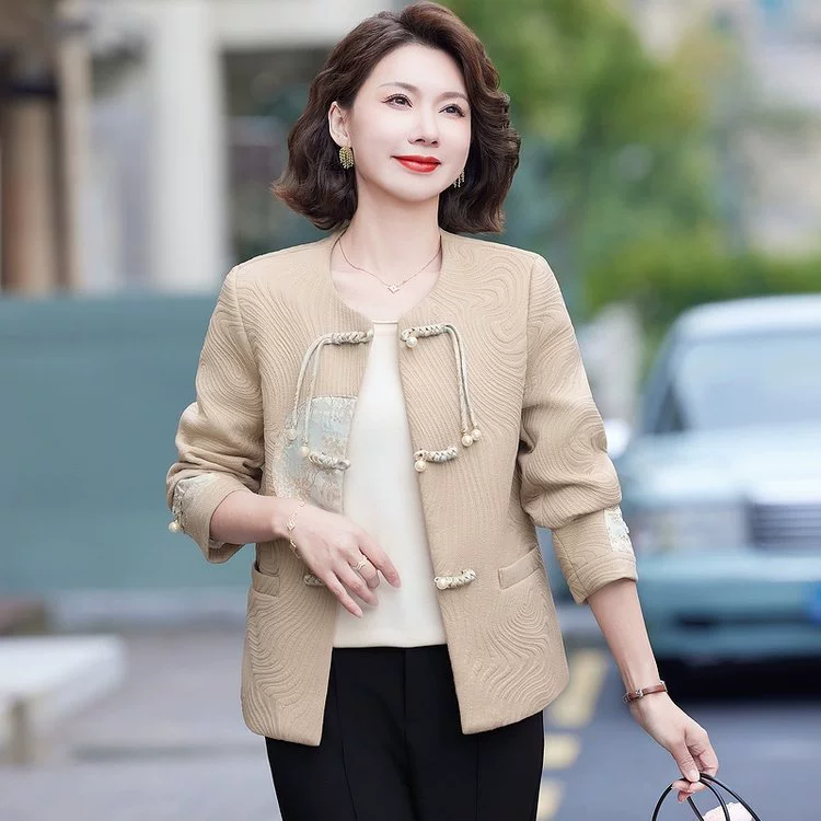 Пуховой женский жакет-свитер Mother Jacket Cardigan в китайском стиле, круглый воротник, оранжево-красный или абрикосовый, размеры XL-5XL