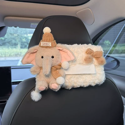 Cute Elephant Car Tissue Box, 2026 New Model, Hanging on the Rear Headrest of the Car, High-End Style for Women (Car tissue box/set) - khaki-hat-scarf-elephant-tissue-cover