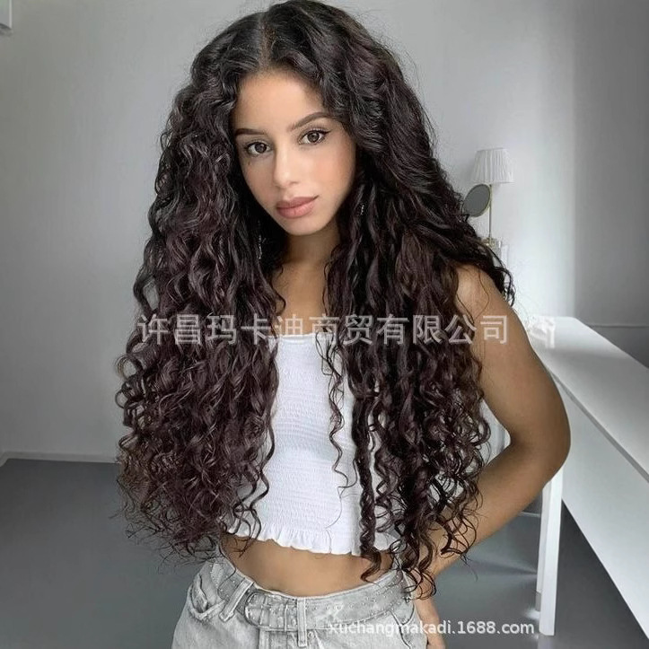 Xuchang Wig T-Shaped Lace Wig Dark Brown Lammei Curly Wig High Temperature Resistant Synthetic Wig Women's Long Curly Hair