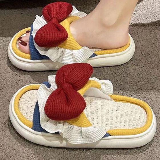 Linen slippers women wear princess style bow spring and summer thick bottom indoor non-slip cross-border four-season slippers wholesale
