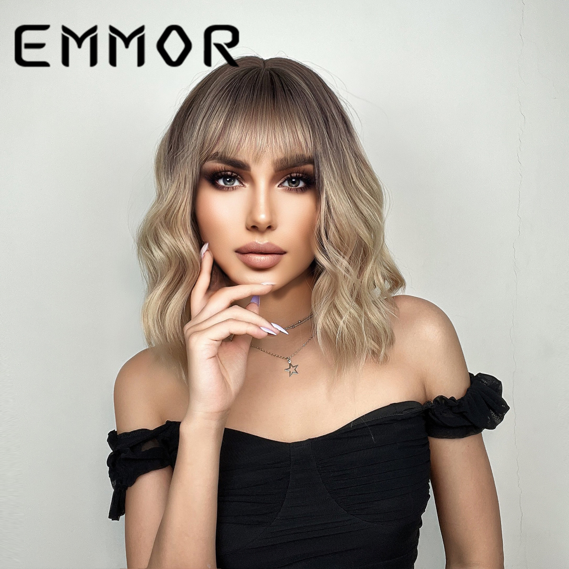 EMMOR Europa y América Amazon nuevo estilo flequillo gradiente Bobo cabeza Pelo Rizado fibra química de alta temperatura Peluca de seda cubierta de la cabeza